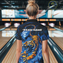 Load image into Gallery viewer, Custom Blue Fire Flame Tiger Bowling Team Polo Shirts For Women, Tiger Bowling Jerseys IPHW9486