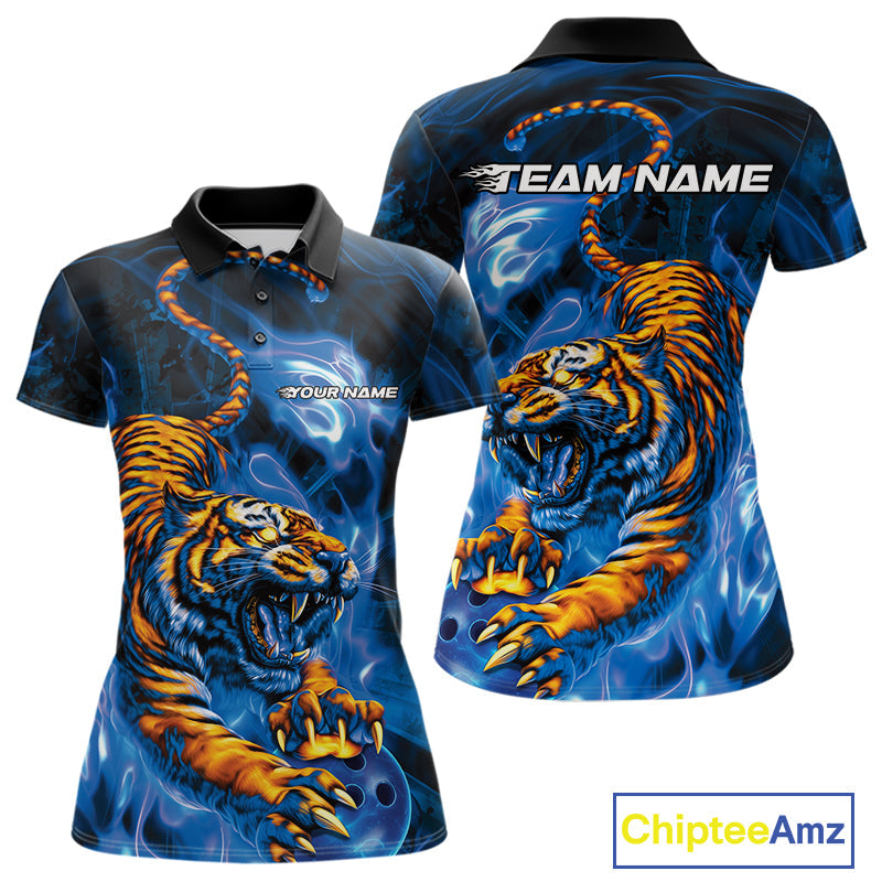 Custom Blue Fire Flame Tiger Bowling Team Polo Shirts For Women, Tiger Bowling Jerseys IPHW9486