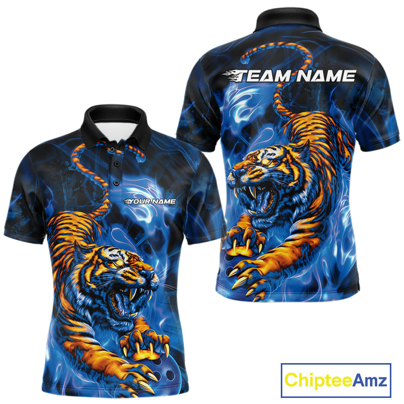 Custom Blue Fire Flame Tiger Bowling Team Polo Shirts For Men, Tiger Bowling Jerseys IPHW9486