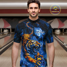 Load image into Gallery viewer, Custom Blue Fire Flame Tiger Bowling Team Quarter-Zip Shirts For Men, Tiger Bowling Jerseys IPHW9486