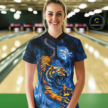 Load image into Gallery viewer, Custom Blue Fire Flame Tiger Bowling Team Women Quarter-Zip Shirts, Tiger Bowling Jerseys IPHW9486