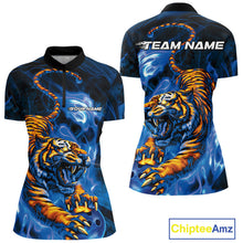 Load image into Gallery viewer, Custom Blue Fire Flame Tiger Bowling Team Women Quarter-Zip Shirts, Tiger Bowling Jerseys IPHW9486
