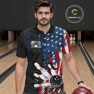 Custom Grunge Vintage American Flag Patriotic Bowling Team Jerseys, Bowling Men Polo Shirt IPHW9489