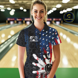 Custom Grunge Vintage American Patriotic Bowling Team Jerseys, Bowling Women Polo Shirt IPHW9489