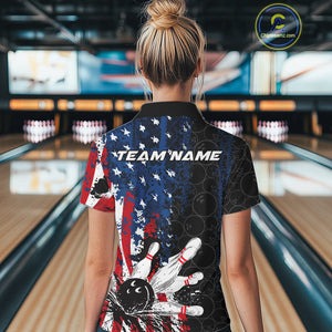 Custom Grunge Vintage American Patriotic Bowling Team Jerseys, Bowling Women Polo Shirt IPHW9489