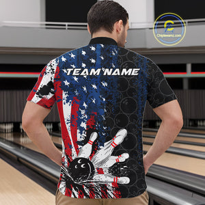 Custom Grunge Vintage American Flag Patriotic Bowling Team Jerseys, Bowling Men Quarter-Zip Shirt IPHW9489