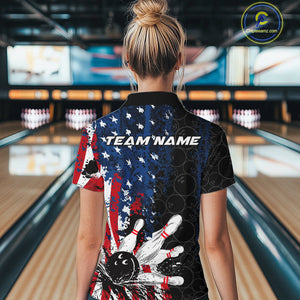 Custom Grunge Vintage American Flag Patriotic Bowling Jerseys, Women Quarter-Zip Shirt IPHW9489