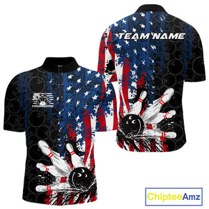 Custom Grunge Vintage American Flag Patriotic Bowling Team Jerseys, Bowling Men Quarter-Zip Shirt IPHW9489