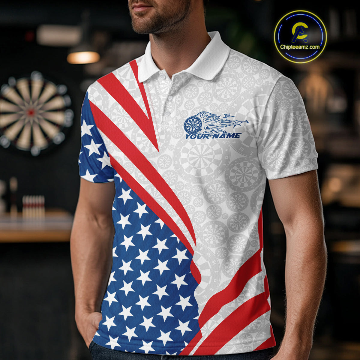 Custom Patriotic Dart Jerseys For Players, US Flag Dartboard Team Polo Shirts For Men IPHW9697