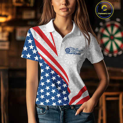 Custom Patriotic Dart Jerseys For Players, US Flag Dartboard Team Polo Shirts For Women IPHW9697