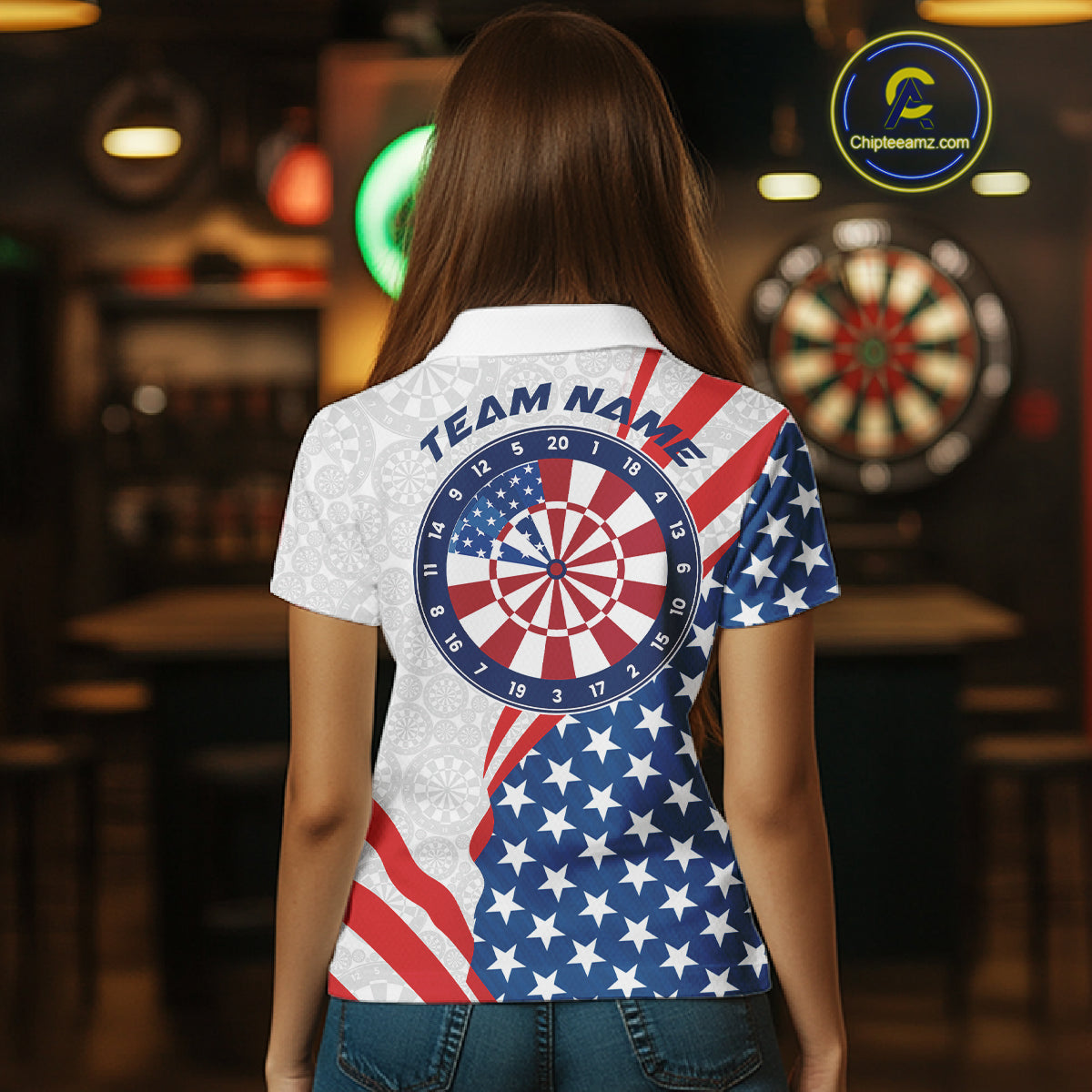Custom Patriotic Dart Jerseys For Players, US Flag Dartboard Team Polo Shirts For Women IPHW9697