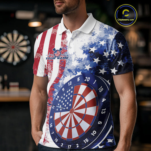Custom Patriotic Dart Pulse Line Jerseys, US Flag Dartboard Team Polo Shirts For Men IPHW9698