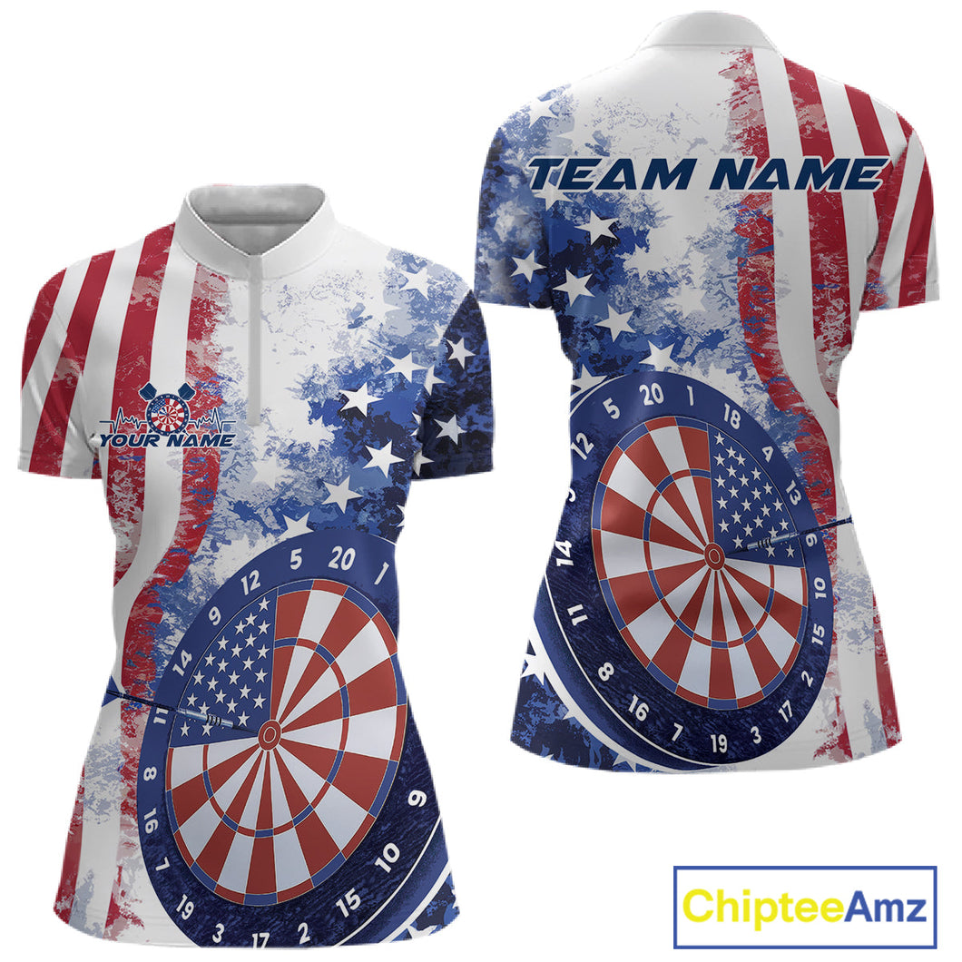 Custom Patriotic Dart Pulse Line Jerseys, US Flag Dartboard Team Women Quarter-Zip Shirts IPHW9698