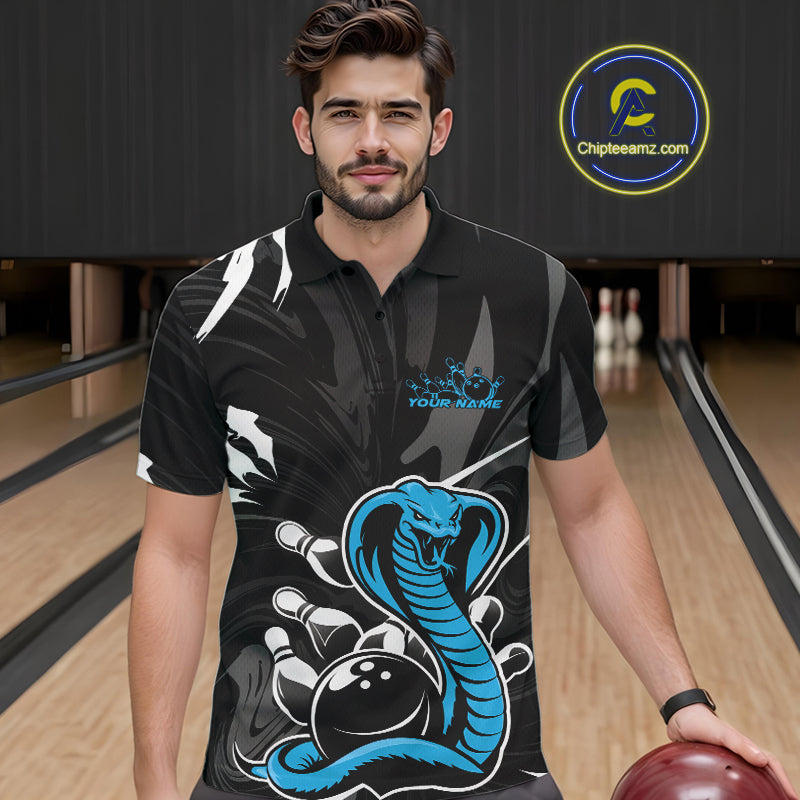 Custom Blue Cobra Snake Bowling Team Jerseys, Bowling Polo Shirts For Men IPHW9710
