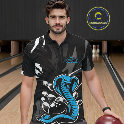 Custom Blue Cobra Snake Bowling Team Jerseys, Bowling Polo Shirts For Men IPHW9710