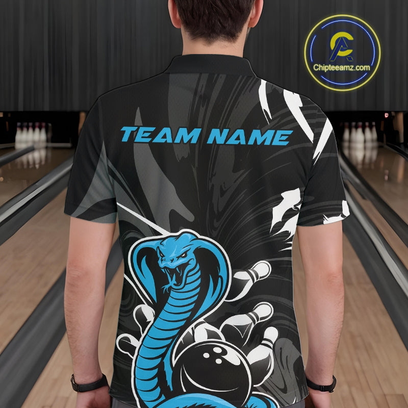 Custom Blue Cobra Snake Bowling Team Jerseys, Bowling Polo Shirts For Men IPHW9710