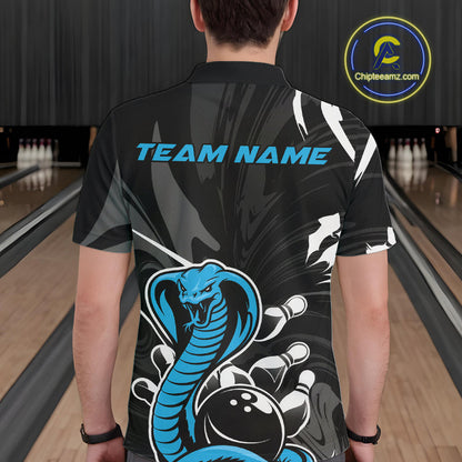 Custom Blue Cobra Snake Bowling Team Jerseys, Bowling Polo Shirts For Men IPHW9710
