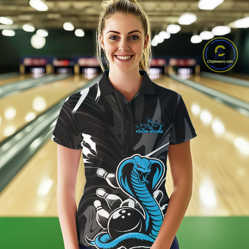 Custom Blue Cobra Snake Bowling Team Jerseys, Bowling Polo Shirts For Women IPHW9710