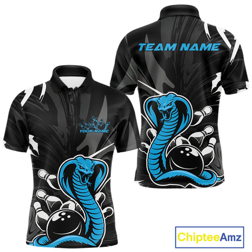 Custom Blue Cobra Snake Bowling Team Jerseys, Bowling Polo Shirts For Men IPHW9710