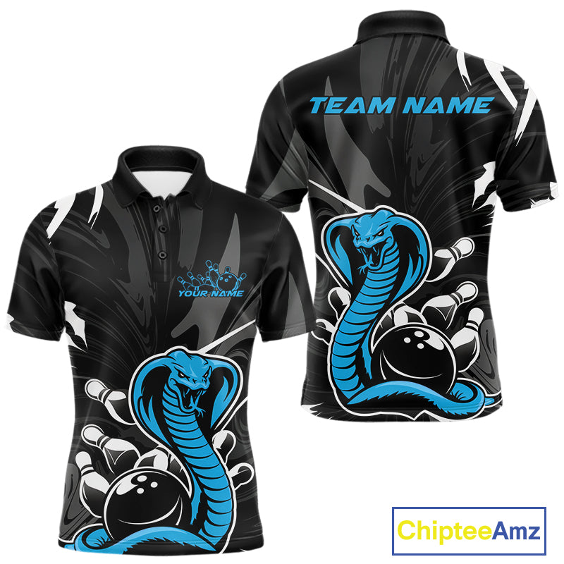 Custom Blue Cobra Snake Bowling Team Jerseys, Bowling Polo Shirts For Men IPHW9710