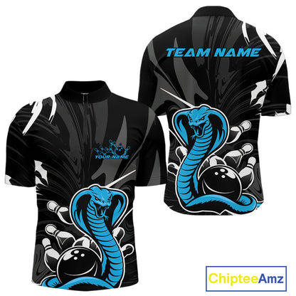 Custom Blue Cobra Snake Bowling Team Jerseys, Bowling Quarter-Zip Shirts For Men IPHW9710