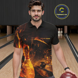 Custom Fire Flame Grim Reaper Bowling Polo Shirts For Men, Halloween Bowlers Outfit IPHW9711