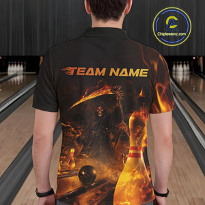 Custom Fire Flame Grim Reaper Bowling Polo Shirts For Men, Halloween Bowlers Outfit IPHW9711