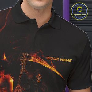 Custom Fire Flame Grim Reaper Bowling Polo Shirts For Men, Halloween Bowlers Outfit IPHW9711