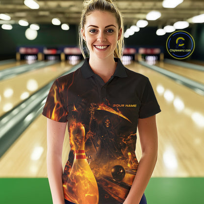 Custom Fire Flame Grim Reaper Bowling Polo Shirts For Women, Halloween Bowlers Outfit IPHW9711