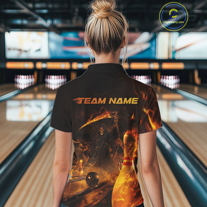 Custom Fire Flame Grim Reaper Bowling Polo Shirts For Women, Halloween Bowlers Outfit IPHW9711