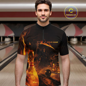Custom Fire Flame Grim Reaper Bowling Quarter-Zip Shirts For Men, Halloween Bowlers Outfit IPHW9711