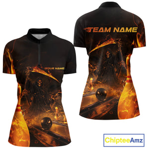 Custom Fire Flame Grim Reaper Bowling Women Quarter-Zip Shirts, Halloween Bowlers Outfit IPHW9711