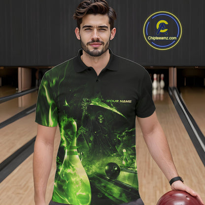 Custom Green Fire Flame Grim Reaper Bowling Polo Shirts For Men, Halloween Bowlers Outfit IPHW9712