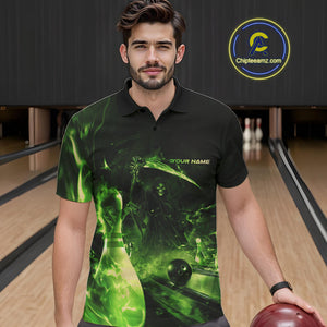 Custom Green Fire Flame Grim Reaper Bowling Polo Shirts For Men, Halloween Bowlers Outfit IPHW9712