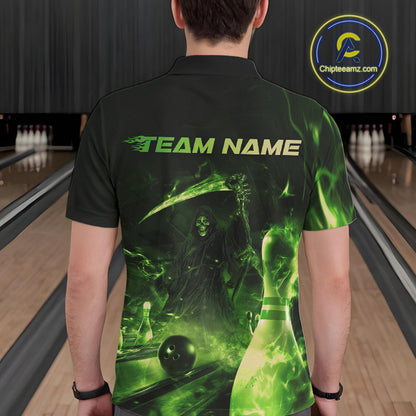 Custom Green Fire Flame Grim Reaper Bowling Polo Shirts For Men, Halloween Bowlers Outfit IPHW9712