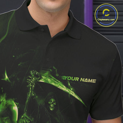 Custom Green Fire Flame Grim Reaper Bowling Polo Shirts For Men, Halloween Bowlers Outfit IPHW9712