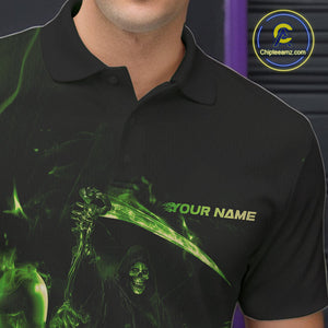 Custom Green Fire Flame Grim Reaper Bowling Polo Shirts For Men, Halloween Bowlers Outfit IPHW9712