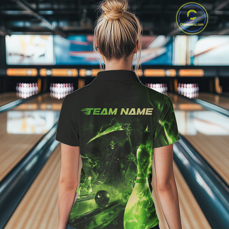 Custom Green Fire Flame Grim Reaper Bowling Women Polo Shirts, Halloween Bowlers Outfit IPHW9712