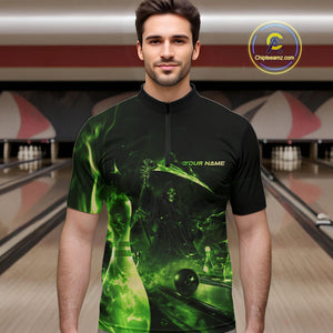 Custom Green Fire Flame Grim Reaper Bowling Quarter-Zip Shirts For Men, Halloween Bowlers Outfit IPHW9712