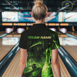 Custom Green Fire Flame Grim Reaper Bowling Women Quarter-Zip Shirts, Halloween Outfit IPHW9712