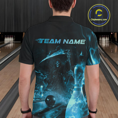 Custom Blue Fire Flame Grim Reaper Bowling Polo Shirts For Men, Halloween Bowlers Outfit IPHW9713