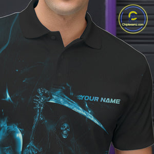 Custom Blue Fire Flame Grim Reaper Bowling Polo Shirts For Men, Halloween Bowlers Outfit IPHW9713