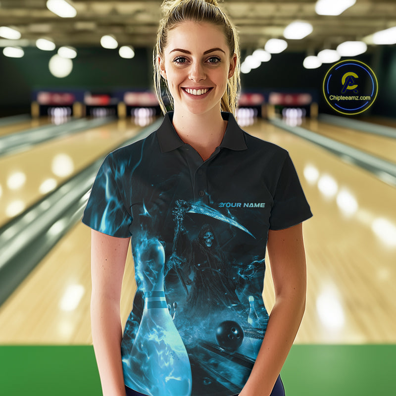 Custom Blue Fire Flame Grim Reaper Bowling Women Polo Shirts, Halloween Bowlers Outfit IPHW9713