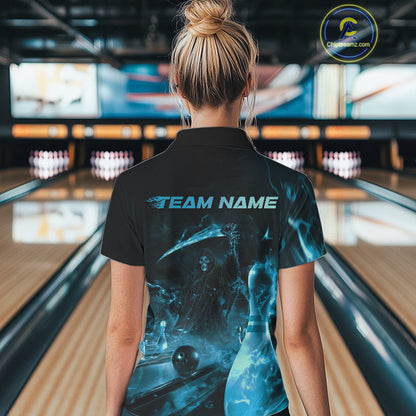 Custom Blue Fire Flame Grim Reaper Bowling Women Polo Shirts, Halloween Bowlers Outfit IPHW9713