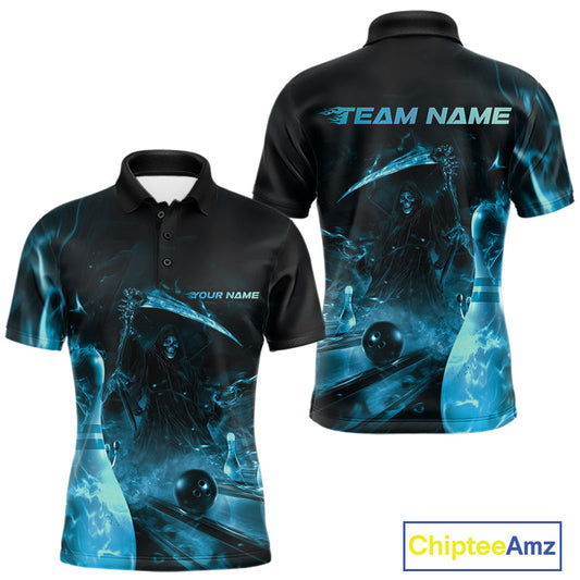 Custom Blue Fire Flame Grim Reaper Bowling Polo Shirts For Men, Halloween Bowlers Outfit IPHW9713