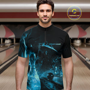 Custom Blue Fire Flame Grim Reaper Bowling Quarter-Zip Shirts For Men, Halloween Bowlers Outfit IPHW9713