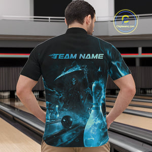 Custom Blue Fire Flame Grim Reaper Bowling Quarter-Zip Shirts For Men, Halloween Bowlers Outfit IPHW9713