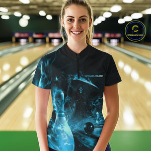 Custom Blue Fire Flame Grim Reaper Bowling Women Quarter-Zip Shirts, Halloween Outfit IPHW9713