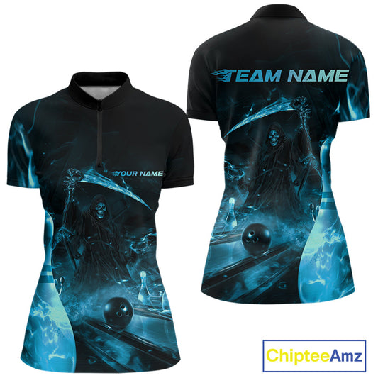 Custom Blue Fire Flame Grim Reaper Bowling Women Quarter-Zip Shirts, Halloween Outfit IPHW9713