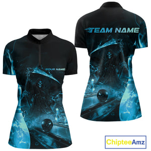 Custom Blue Fire Flame Grim Reaper Bowling Women Quarter-Zip Shirts, Halloween Outfit IPHW9713